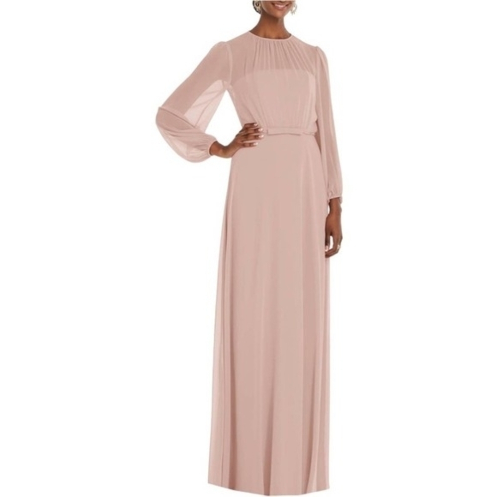 Dessy Collection long-sleeve maxi chiffon dress Size 8 Toasted Sugar Evening